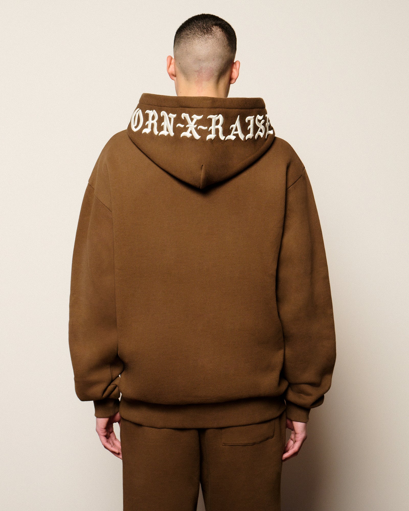 Born x Raised Embroidered Hoodie Walnut W / Cream Hoodies B0005EMBR2-WLCR On Model Back View | Overkill
