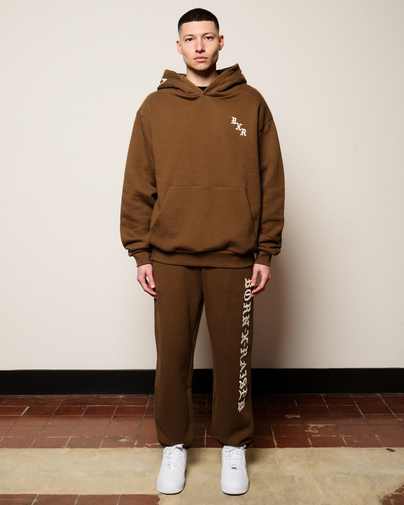 Born x Raised Embroidered Sweatpants Walnut W / Cream Sweat & Track Pants B2004EMBR2-WLCR On Model Front View | Overkill
