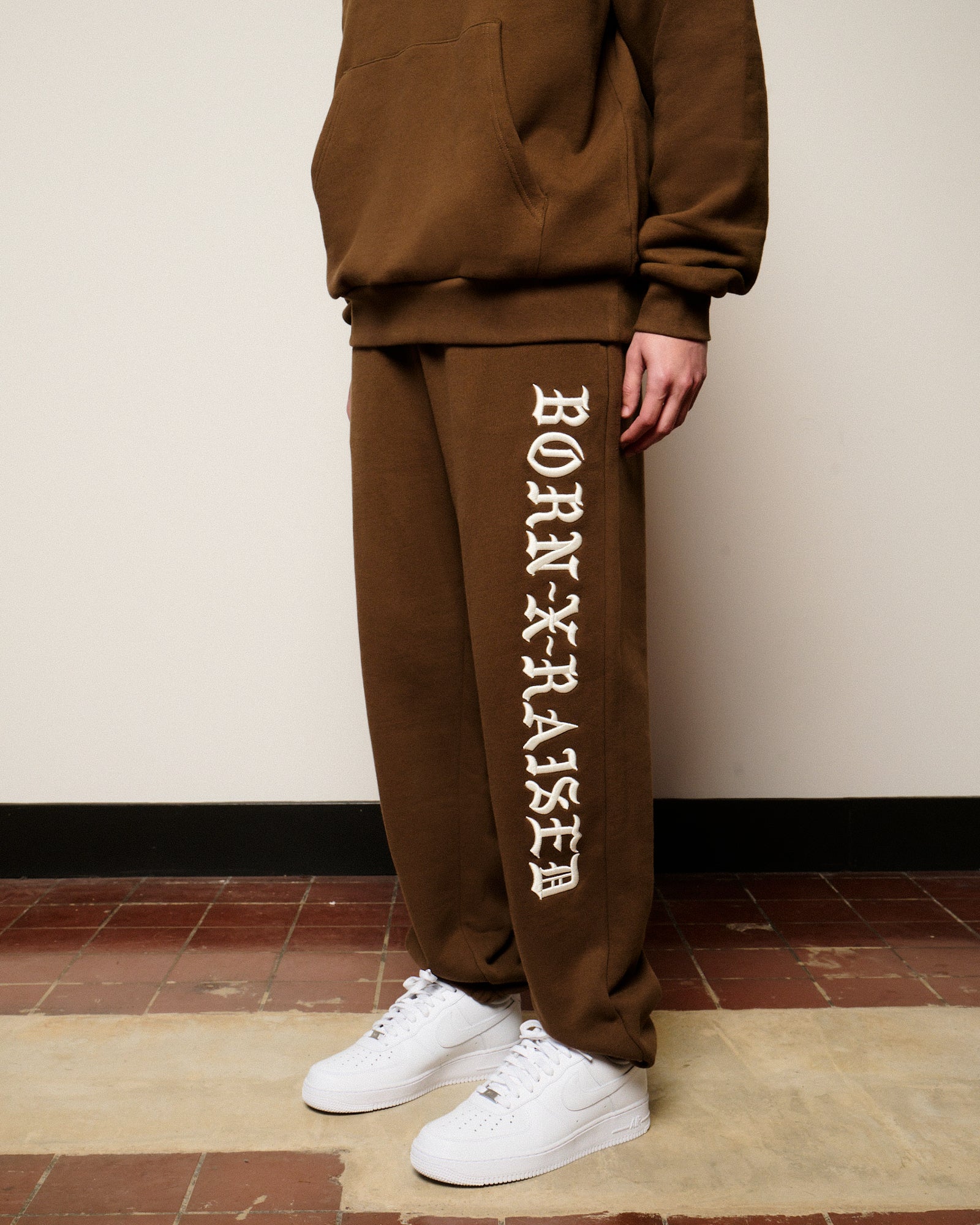 Born x Raised Embroidered Sweatpants Walnut W / Cream Sweat & Track Pants B2004EMBR2-WLCR On Model Back View | Overkill
