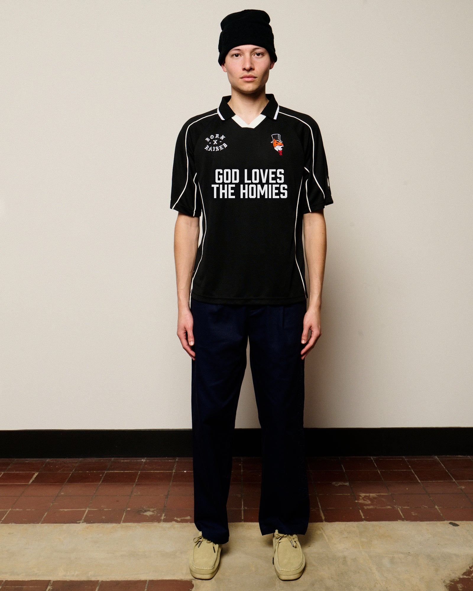 Born x Raised God Loves The Homies Jersey Black T-Shirts B4033GLHJ-BLK On Model Front View | Overkill
