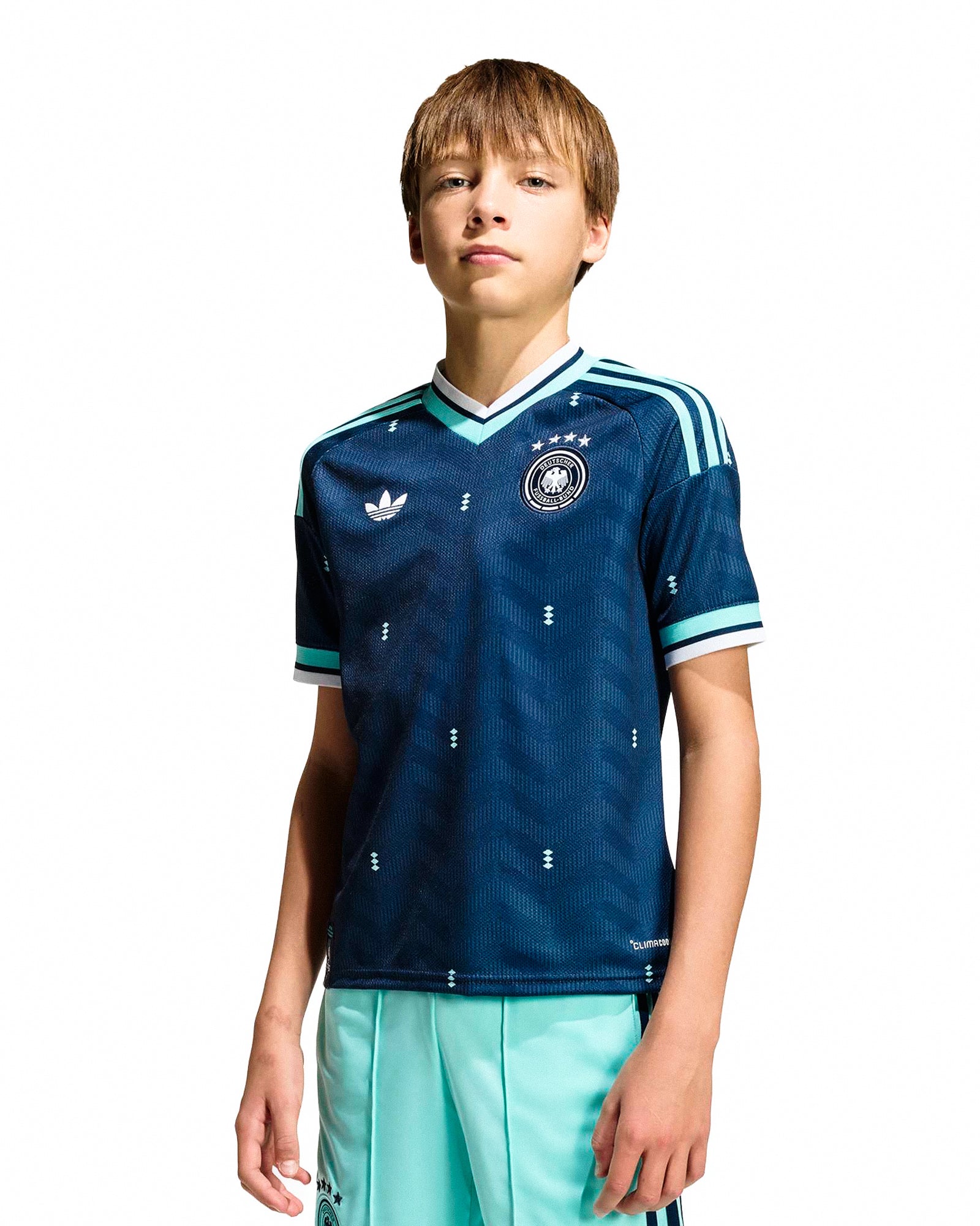 adidas DFB Germany Away Jersey Youth Collegiate Navy T-Shirts JZ4569 On Model Front View | Overkill
