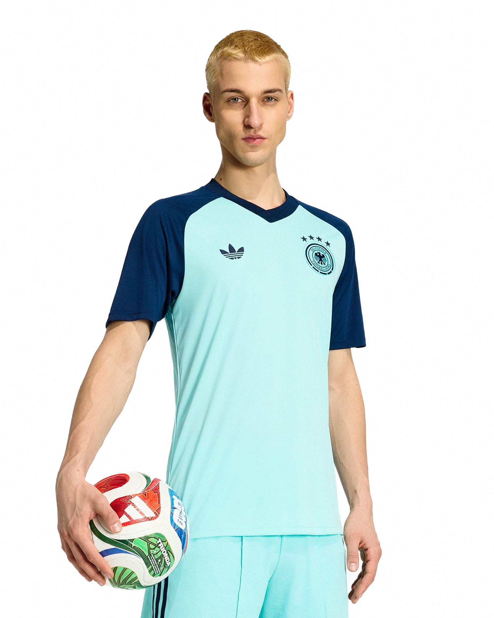 adidas DFB Germany Away Pre-Match Jersey Flash Aqua T-Shirts JZ4578 On Model Front View | Overkill
