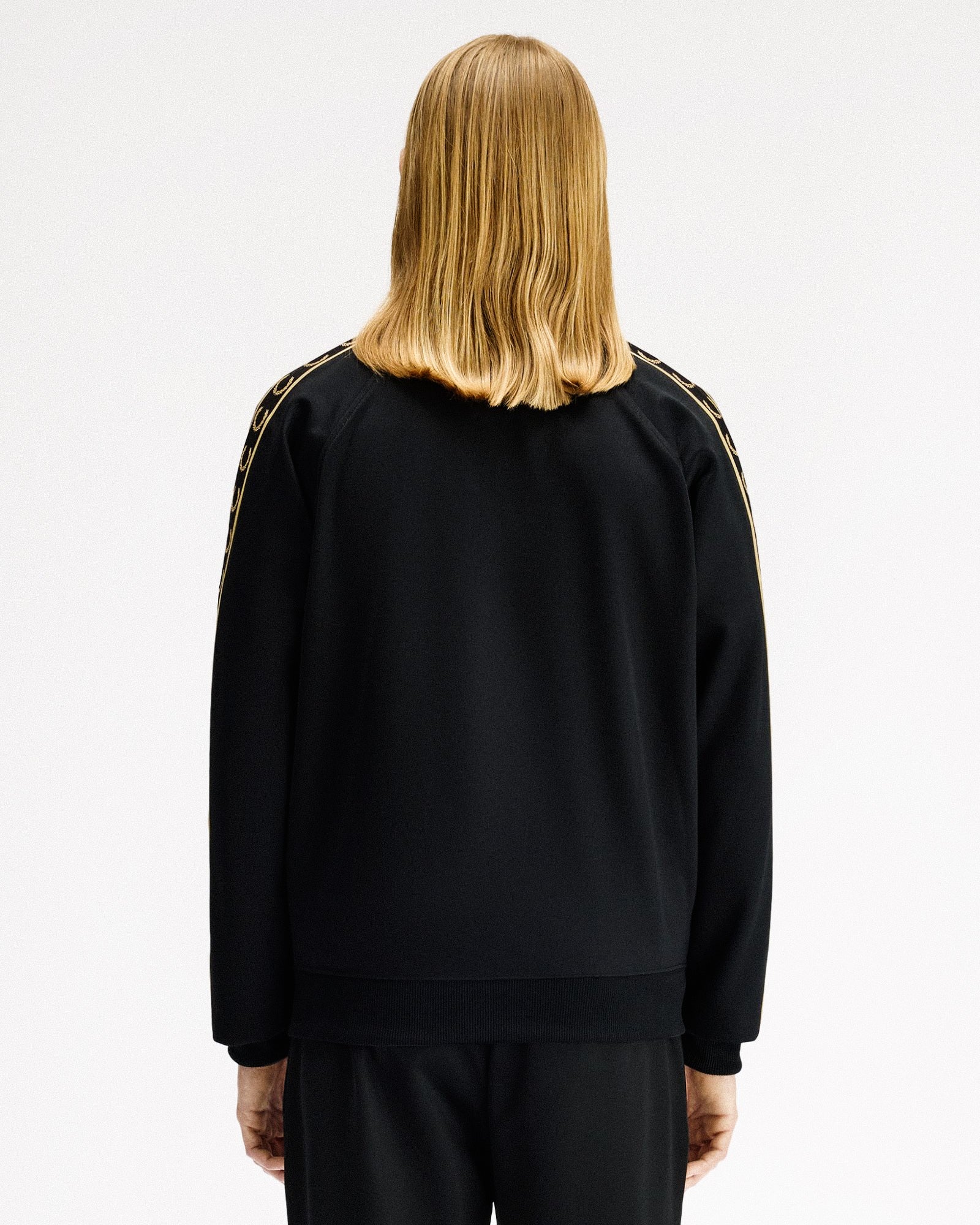 Fred Perry Contrast Tape Track Jacket Black / Champagne Track Jackets J5557-90A On Model Back View | Overkill
