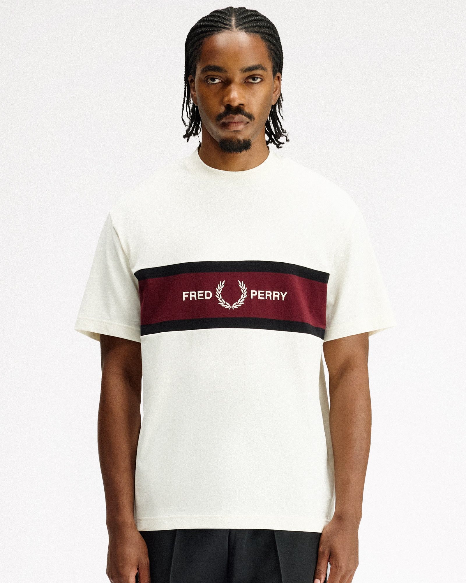 Fred Perry Embroidered Panel T-Shirt Ecru T-Shirts M2405-560 On Model Front View | Overkill
